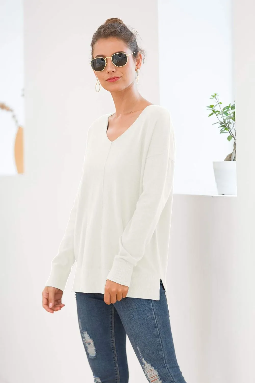 Jouica Women's Casual Lightweight V Neck Batwing Sleeve Knit Top Loose Pullover Sweater