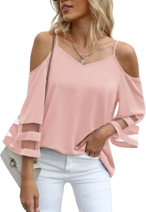 Jouica Women‘s Summer Cold Shoulder Tops Mesh Panel 3/4 Bell Sleeve Tees Adjustable Spaghetti Strap Loose Fit Shirts