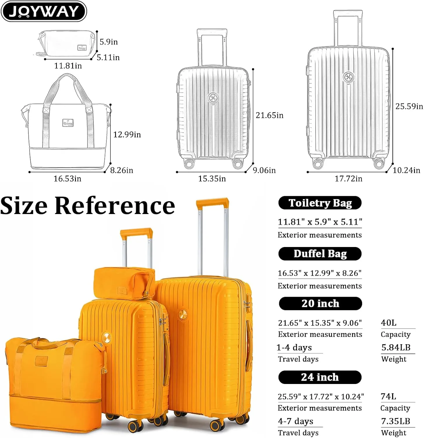 Joyway Luggage Set 2 Piece, PP Hardside Carry on Suitcase 20 Inch with Double Spinner Wheels, Lightweight Checked Luggage 24 Inch with TSA Lock, Orange