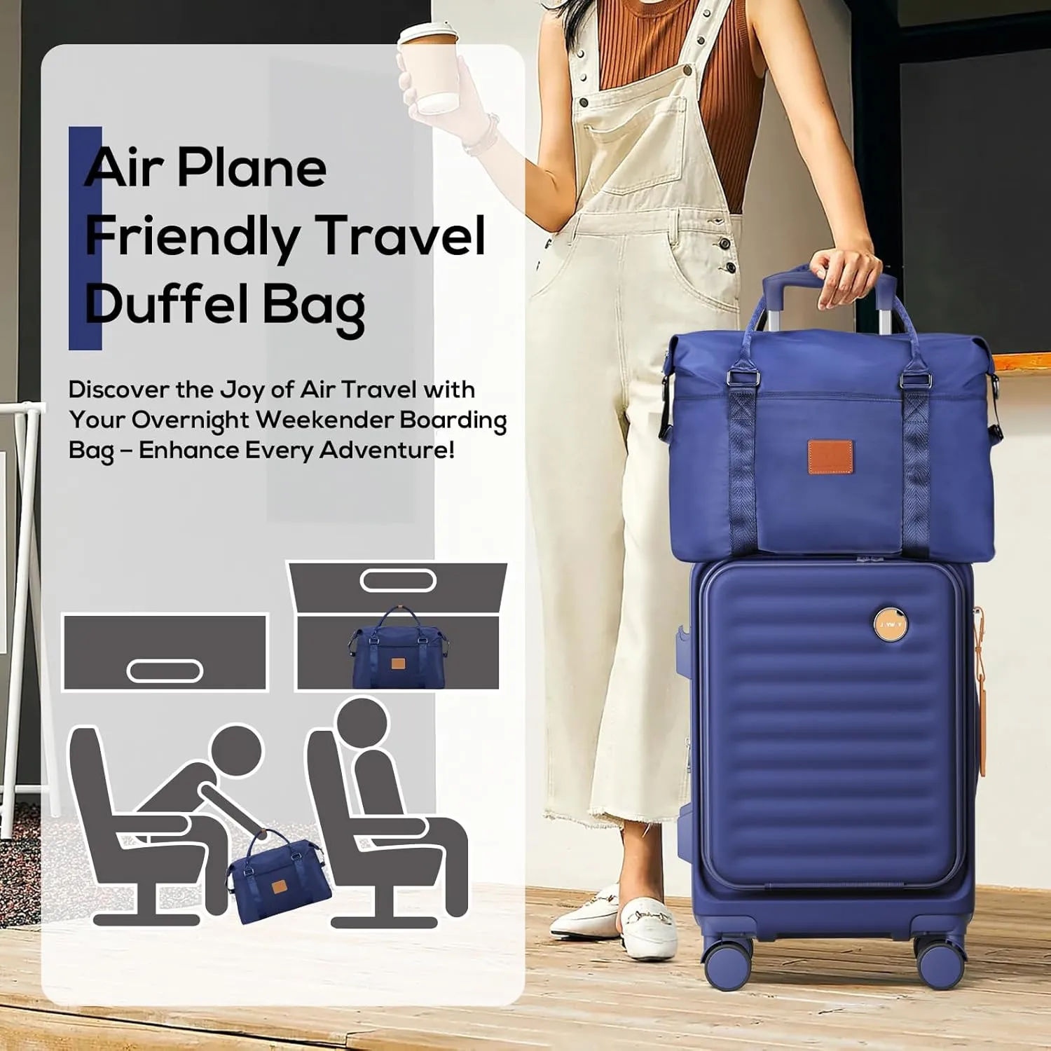 Joyway Travel Duffel Bag, Weekender Overnight Bag for Women, Sports Tote Gym Bag with Wet Pocket, Foldable Personal Item Travel Duffle Bag with Trolley Sleeve, Blue