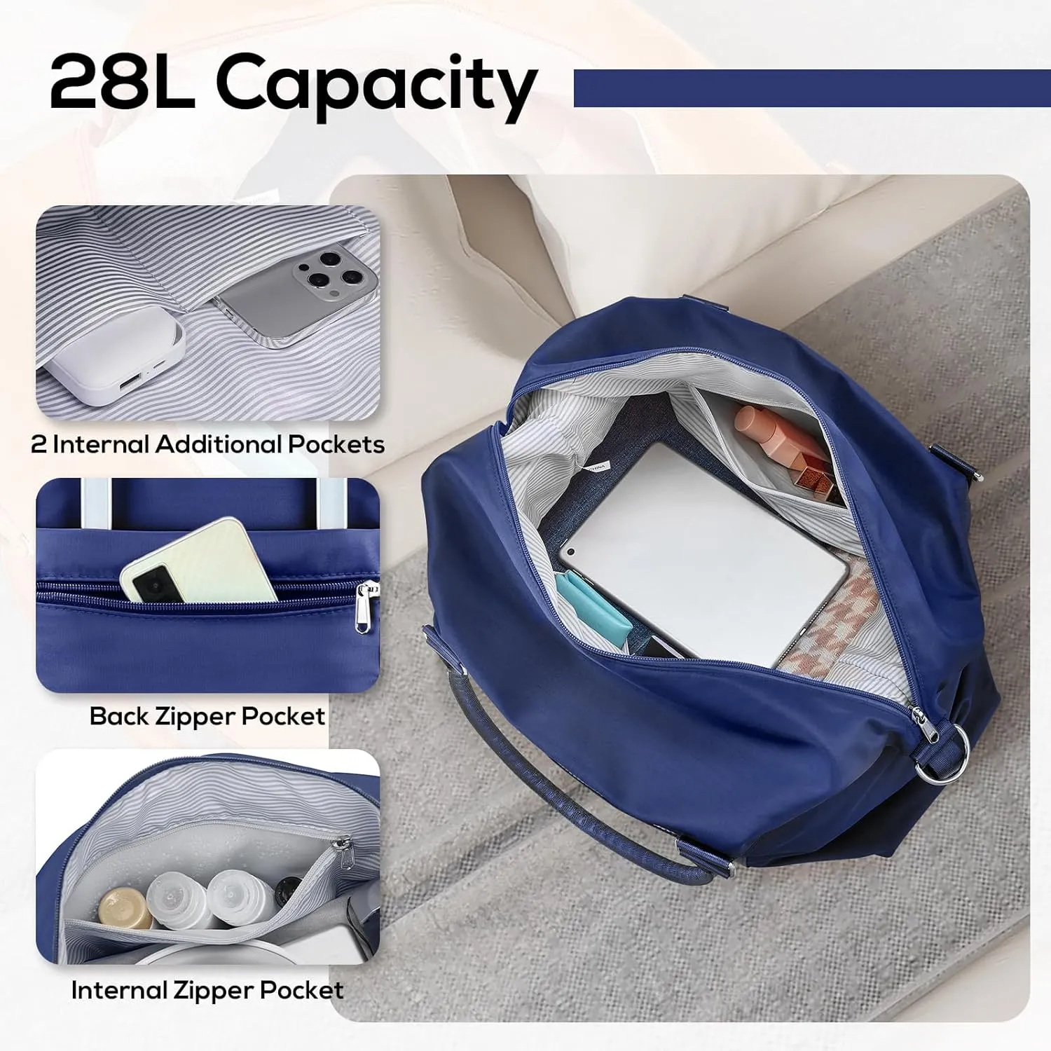 Joyway Travel Duffel Bag, Weekender Overnight Bag for Women, Sports Tote Gym Bag with Wet Pocket, Foldable Personal Item Travel Duffle Bag with Trolley Sleeve, Blue