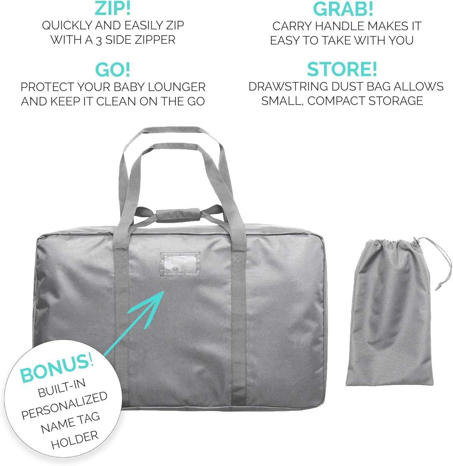 JumpOff Jo - Travel Bag and Transport Tote for Kids & Adults, Features Two Durable Carrying Handles & an Adjustable Shoulder Strap Tote Bag, with a Drawstring Dust Bag & Personalized Name Tag - Grey