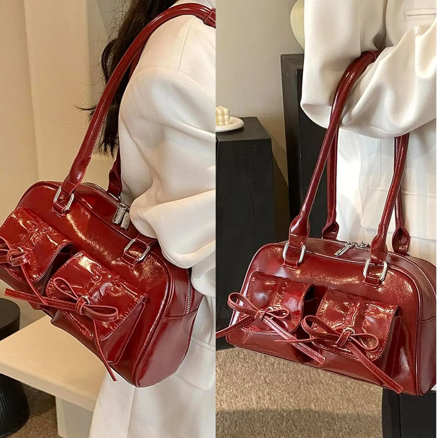 Juoxeepy Ita Bag Cute Bow Purse Aesthetic Japanese Shoulder Bag Faux Leather Tote Bag Y2k Red Handbag Purse