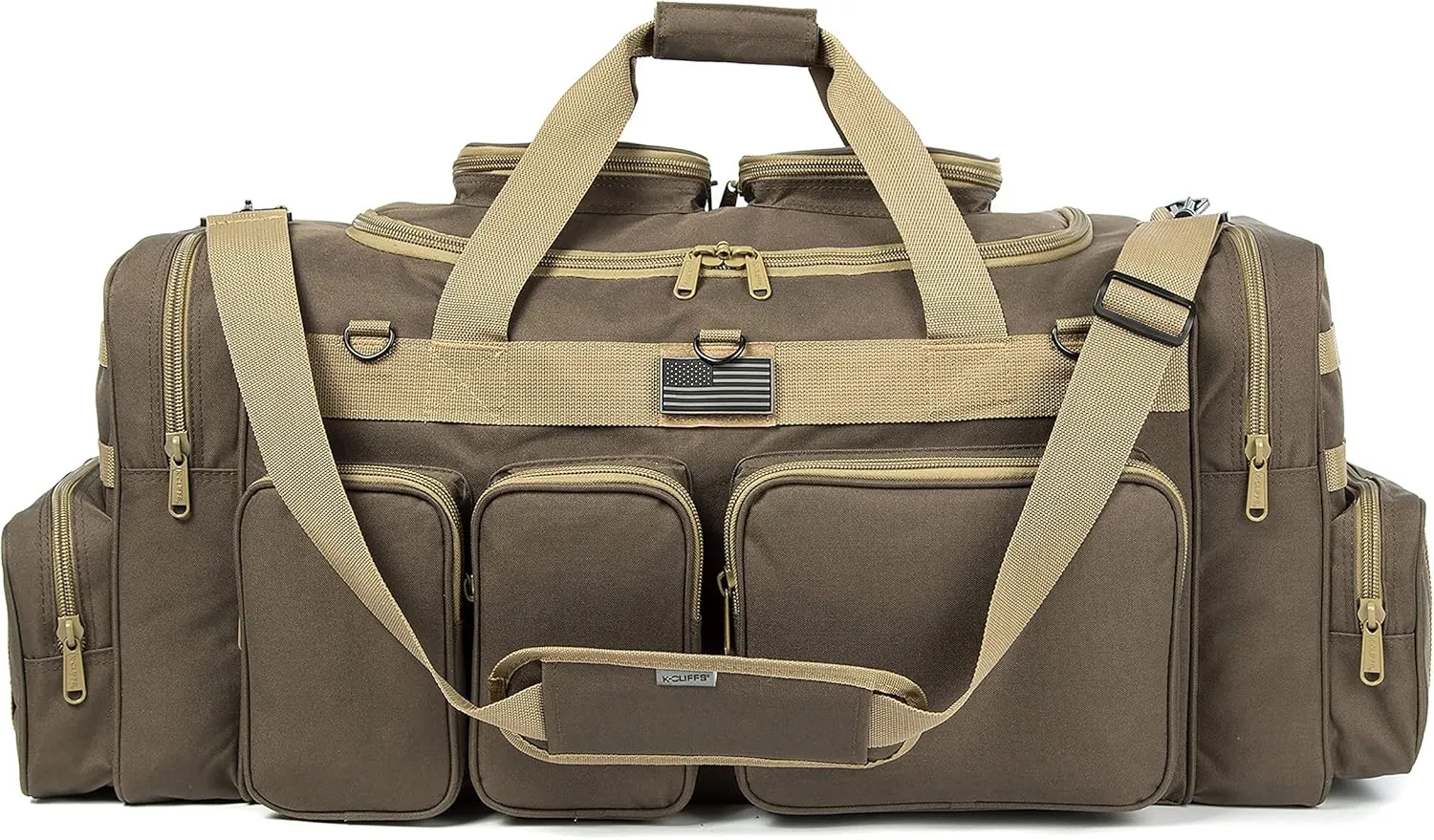 K-Cliffs Tactical Range Duffel Heavy Duty Large Gear Duffle Durable Quality Travel Sports Gym Equipment Bag Military Molle with Lockable Zippers with US Flag Patch 33 Inch Khaki