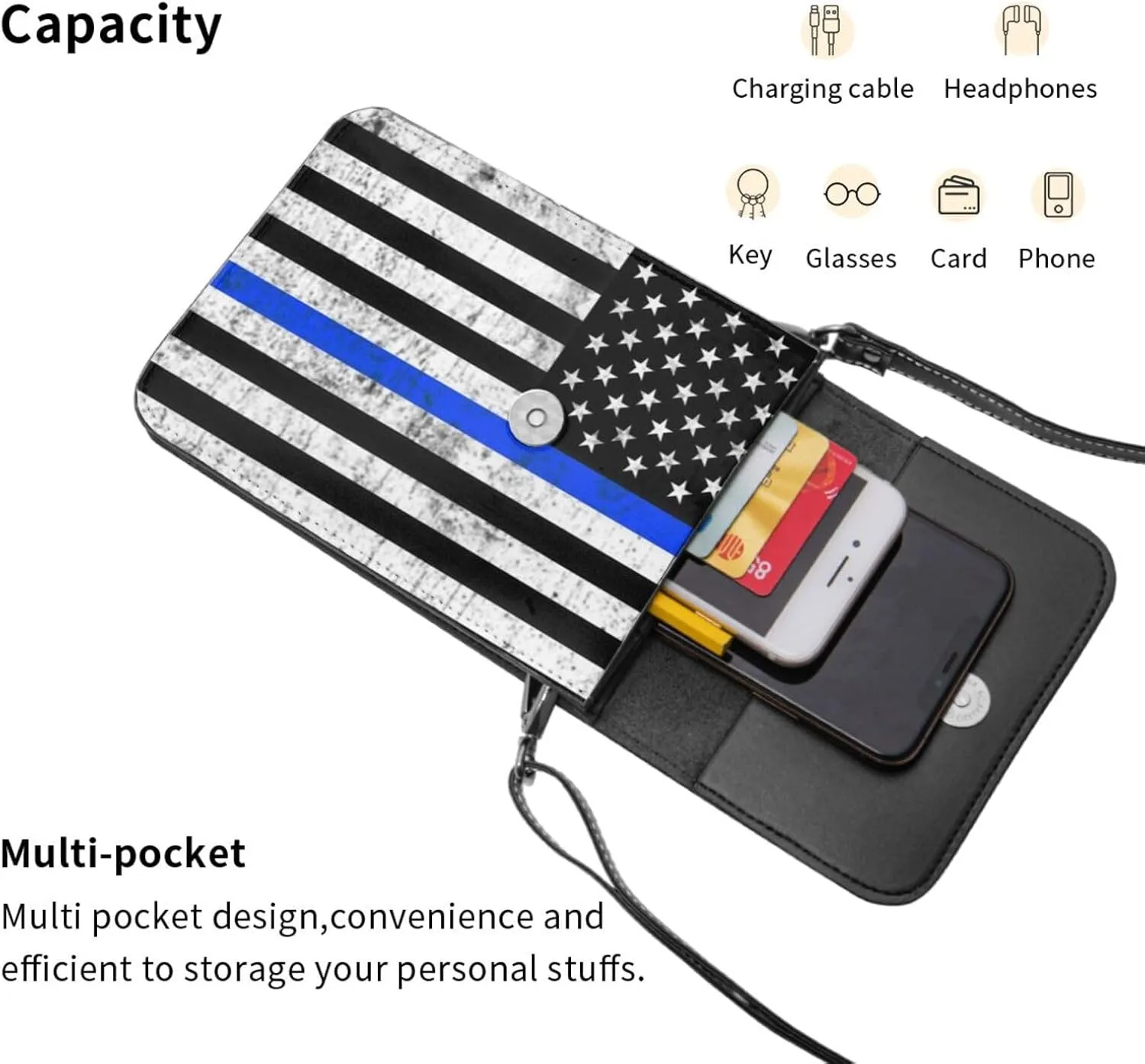 K9 Paw Thin Blue Line Flag Cell Phone Purse Small Crossbody Bags For Women Men Wallet Purses With Adjustable Strap