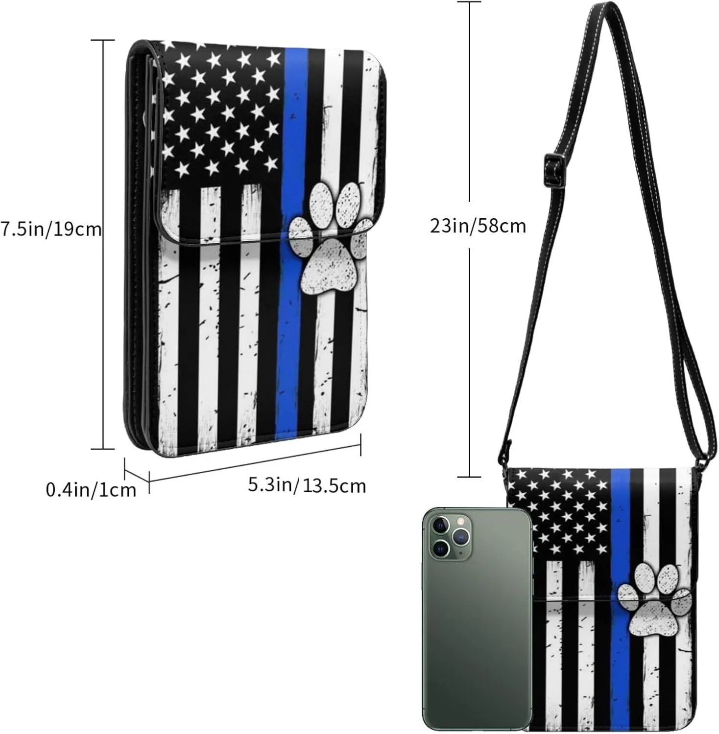 K9 Paw Thin Blue Line Flag Cell Phone Purse Small Crossbody Bags For Women Men Wallet Purses With Adjustable Strap