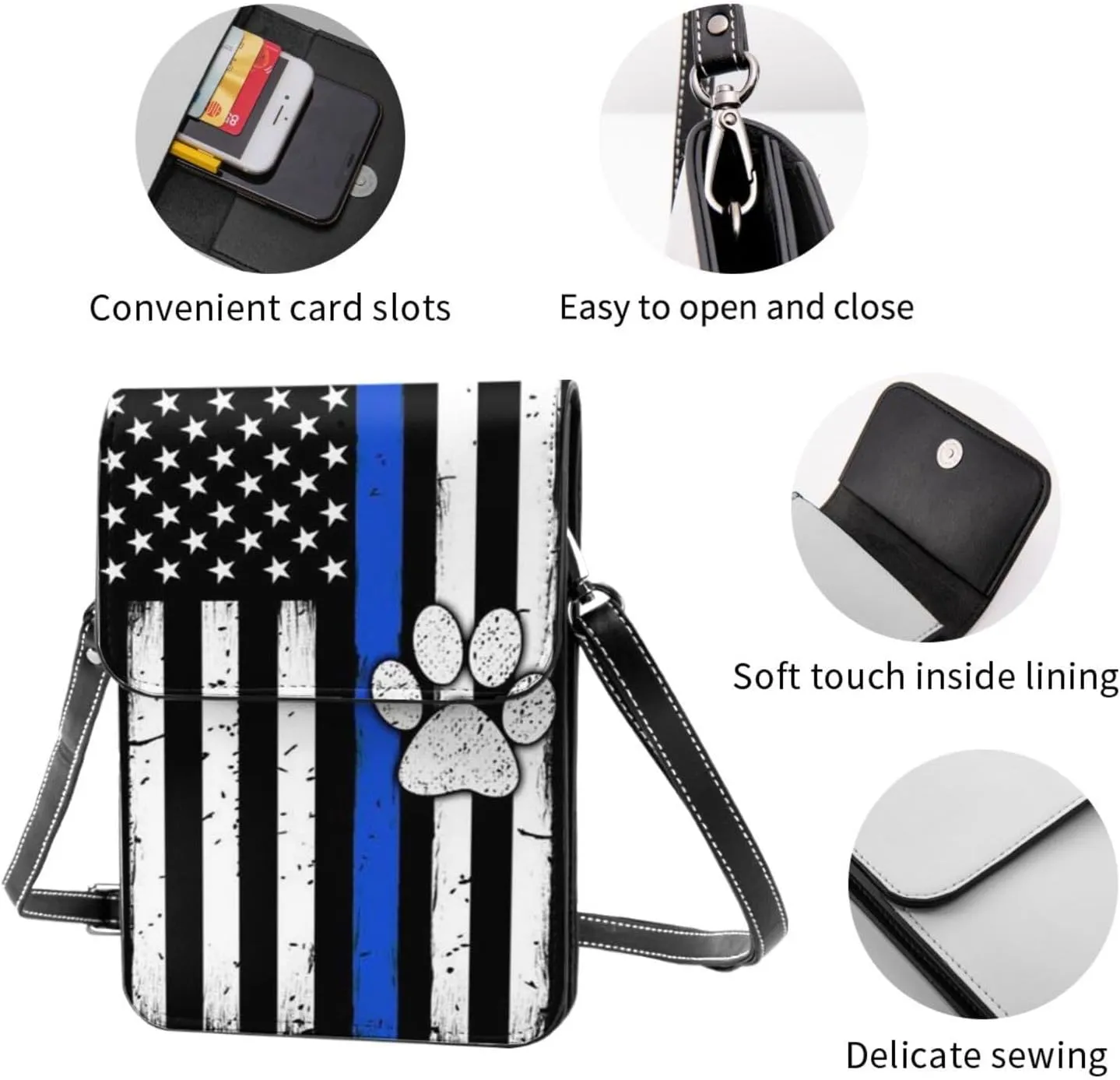 K9 Paw Thin Blue Line Flag Cell Phone Purse Small Crossbody Bags For Women Men Wallet Purses With Adjustable Strap