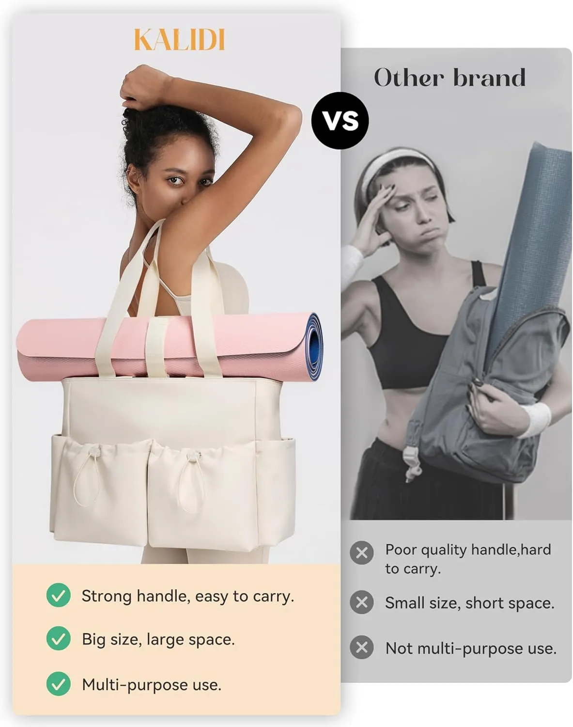 KALIDI Yoga Mat Bag Gym Bag for Women Tote with Pockets, Workout Bag Handbag with Zipper for Travel Sport Pilates Work Commute
