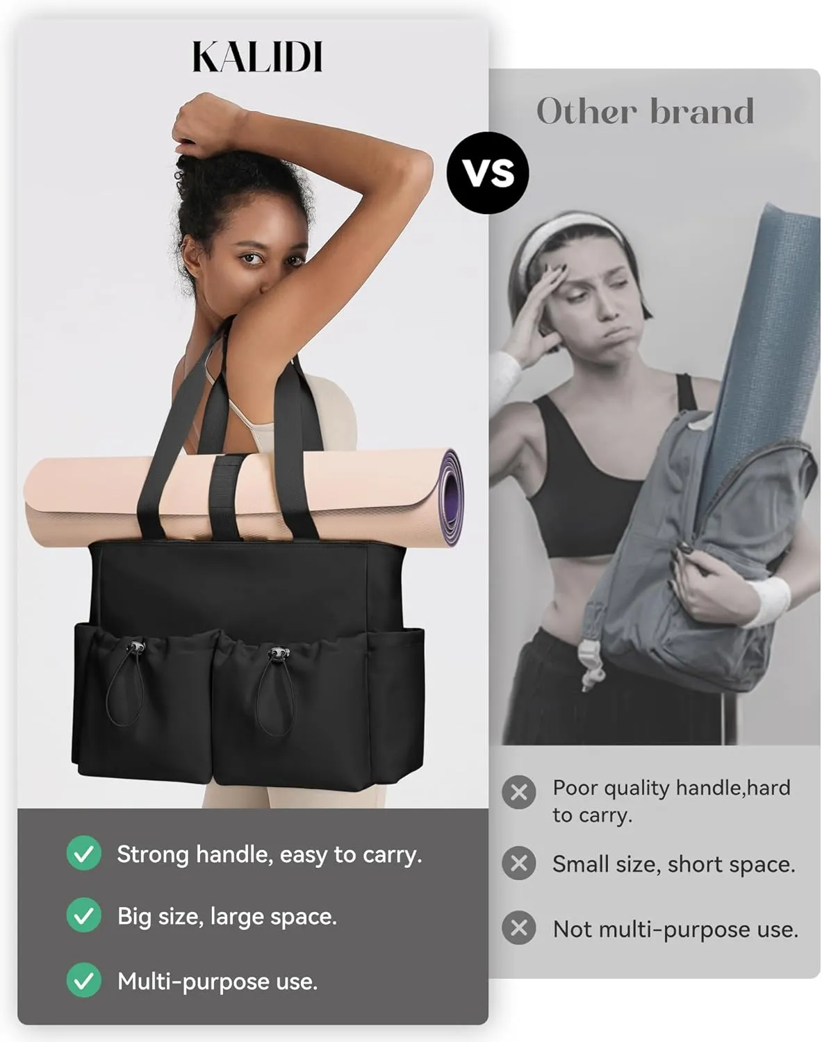 KALIDI Yoga Mat Bag Gym Bag for Women Tote with Pockets, Workout Bag Handbag with Zipper for Travel Sport Pilates Work Commute