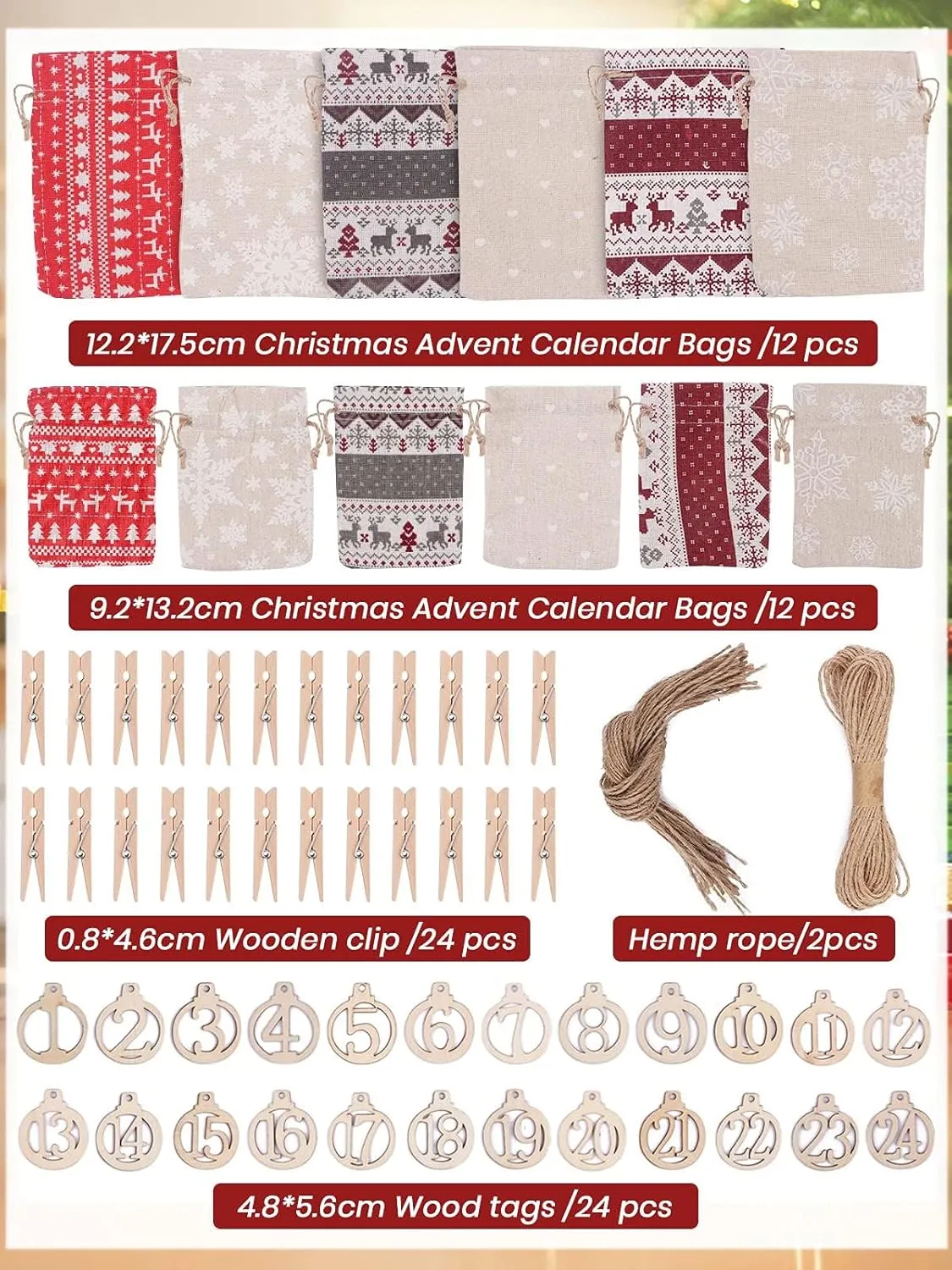 Kalolary Christmas Advent Calendar Bags 24 Days Countdown Calendar Burlap Bags Drawstring Gift Bags for Adults and Kids DIY Candy Bags for Holiday Decorations (Christmas 1)