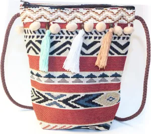 K&G, Women Fabric Boho Tribal Shoulder Bag, Chic Bohemian Ethnic Pom Pom Tassel Decorated Crossbody Bag, 2.8 x 7.5 x 8 Inches