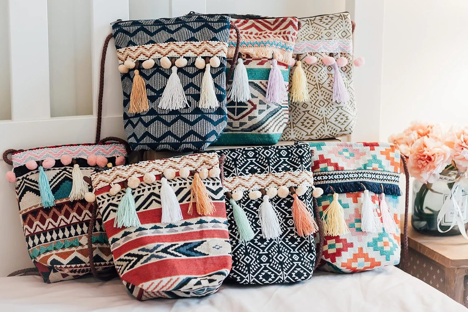 K&G, Women Fabric Boho Tribal Shoulder Bag, Chic Bohemian Ethnic Pom Pom Tassel Decorated Crossbody Bag, 2.8 x 7.5 x 8 Inches