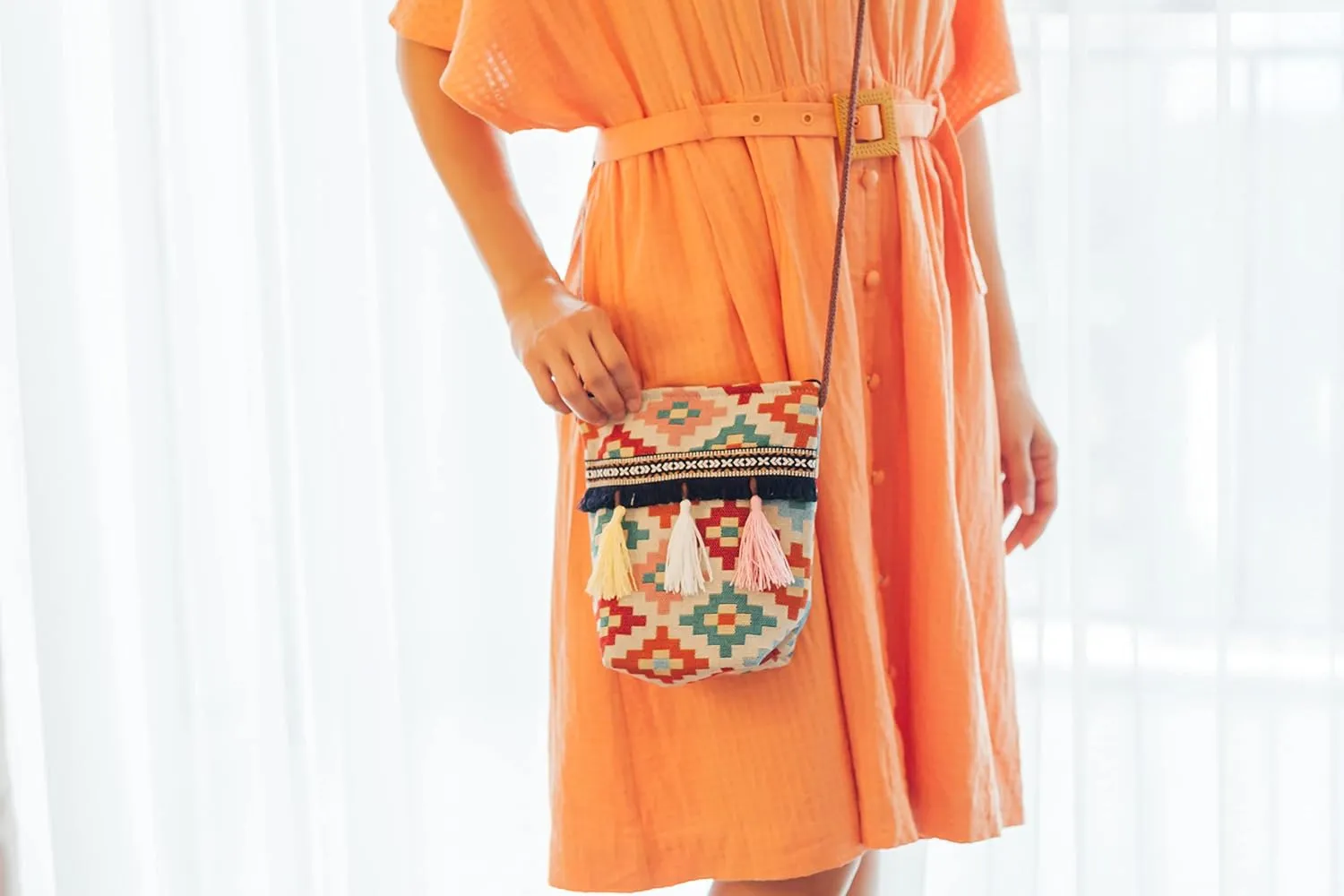 K&G, Women Fabric Boho Tribal Shoulder Bag, Chic Bohemian Ethnic Pom Pom Tassel Decorated Crossbody Bag, 2.8 x 7.5 x 8 Inches