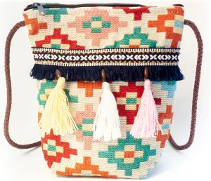 K&G, Women Fabric Boho Tribal Shoulder Bag, Chic Bohemian Ethnic Pom Pom Tassel Decorated Crossbody Bag, 2.8 x 7.5 x 8 Inches