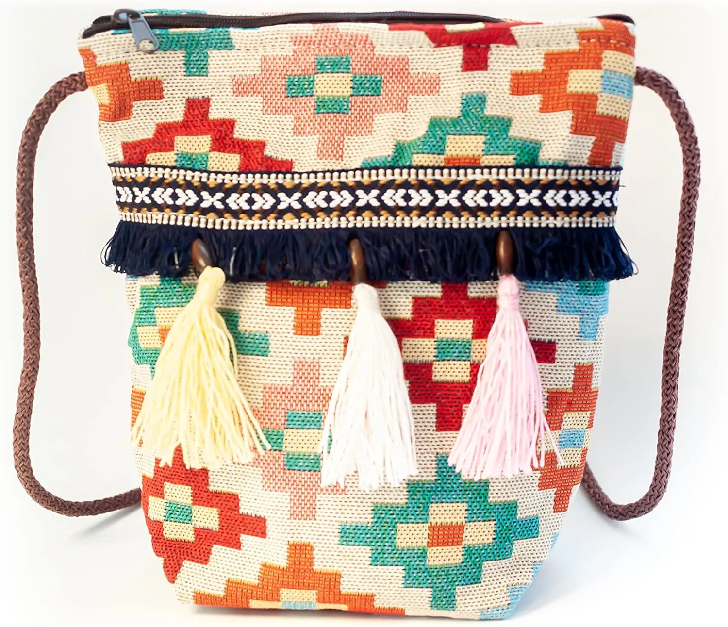 K&G, Women Fabric Boho Tribal Shoulder Bag, Chic Bohemian Ethnic Pom Pom Tassel Decorated Crossbody Bag, 2.8 x 7.5 x 8 Inches