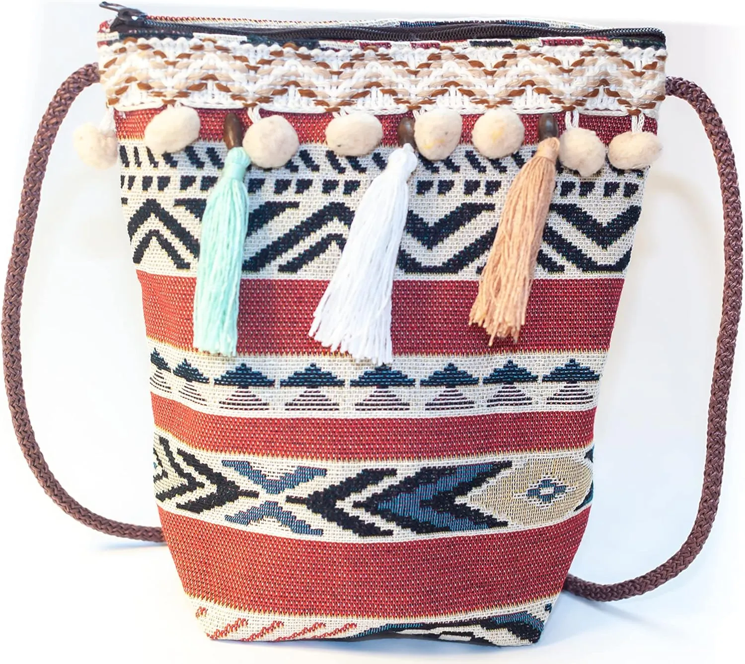 K&G, Women Fabric Boho Tribal Shoulder Bag, Chic Bohemian Ethnic Pom Pom Tassel Decorated Crossbody Bag, 2.8 x 7.5 x 8 Inches