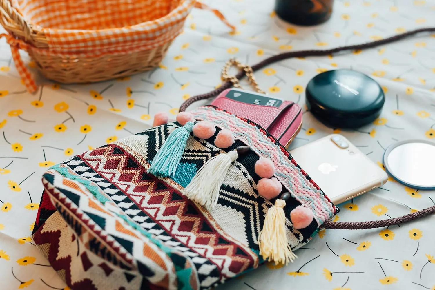 K&G, Women Fabric Boho Tribal Shoulder Bag, Chic Bohemian Ethnic Pom Pom Tassel Decorated Crossbody Bag, 2.8 x 7.5 x 8 Inches
