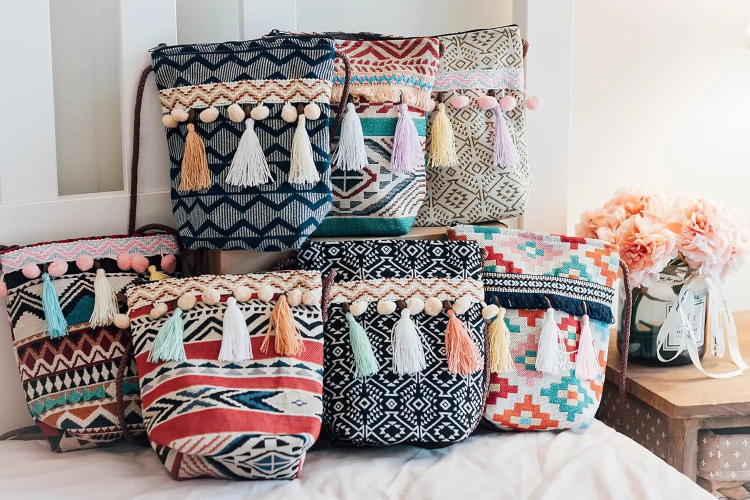 K&G, Women Fabric Boho Tribal Shoulder Bag, Chic Bohemian Ethnic Pom Pom Tassel Decorated Crossbody Bag, 2.8 x 7.5 x 8 Inches
