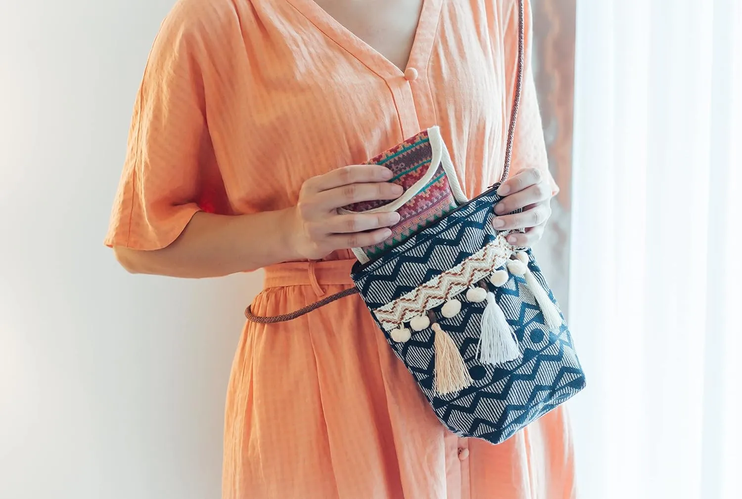 K&G, Women Fabric Boho Tribal Shoulder Bag, Chic Bohemian Ethnic Pom Pom Tassel Decorated Crossbody Bag, 2.8 x 7.5 x 8 Inches