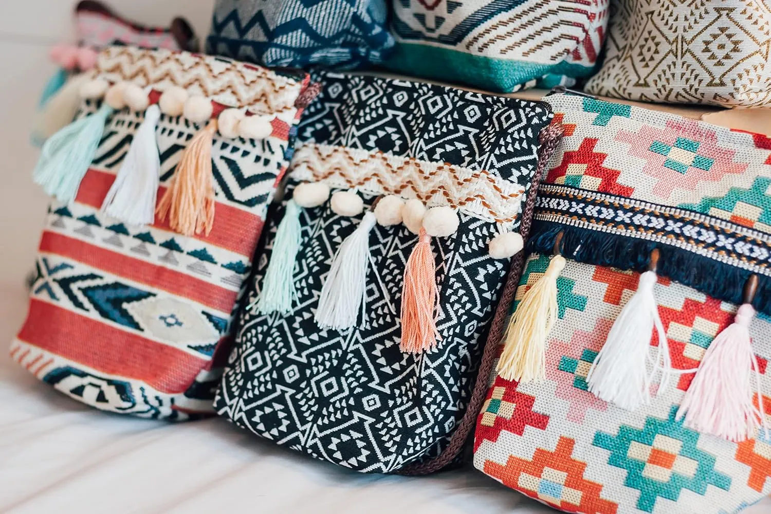 K&G, Women Fabric Boho Tribal Shoulder Bag, Chic Bohemian Ethnic Pom Pom Tassel Decorated Crossbody Bag, 2.8 x 7.5 x 8 Inches