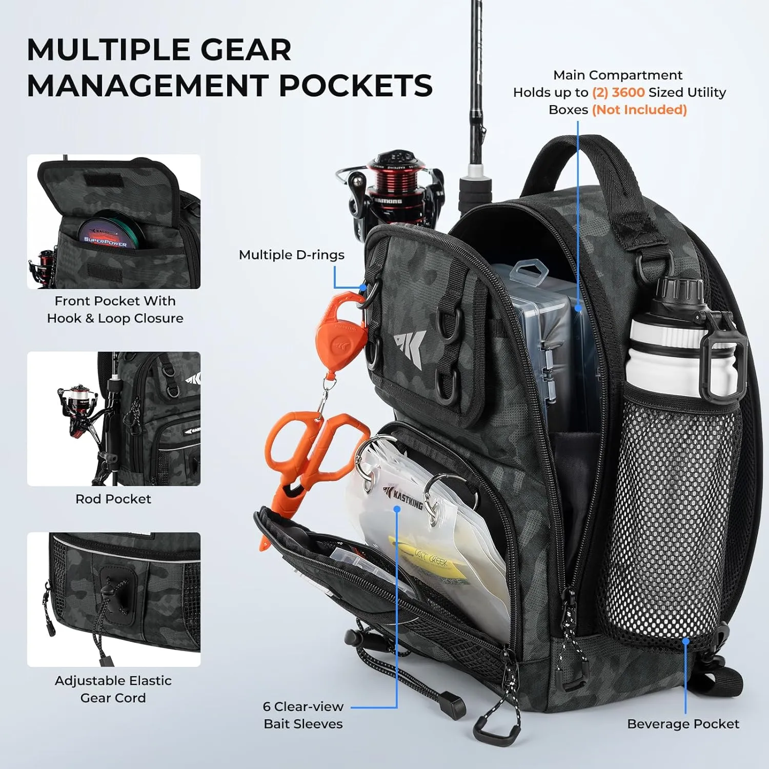 KastKing BaitSpace Fishing Sling Bag, Fishing Backpack with Rod & Beverage Holder, Tackle Bag for Fishing Gear