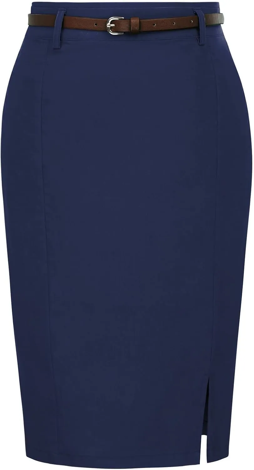 Kate Kasin Women's Bodycon Pencil Skirt with Belt Solid Color Hip-Wrapped