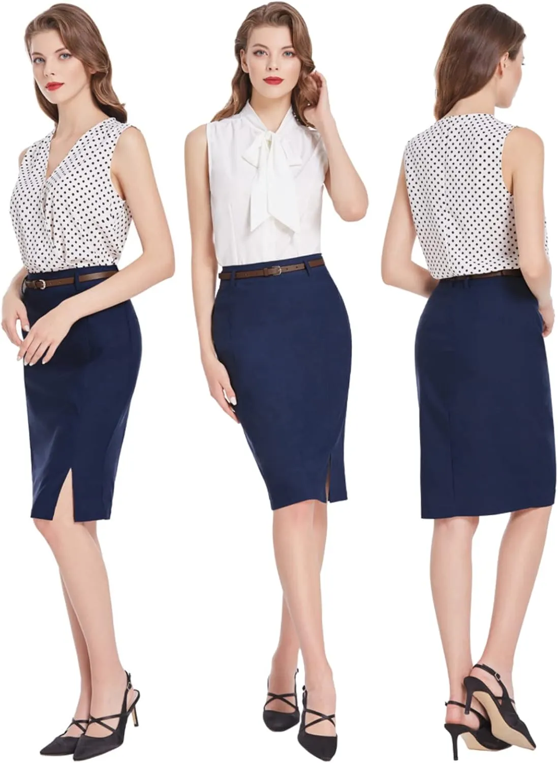 Kate Kasin Women's Bodycon Pencil Skirt with Belt Solid Color Hip-Wrapped