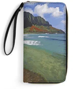 Kauai Hawaii Seashore Wallet Leather Zipper Around Clutch Wallet Large Capacity Purse with Wristlet Strap