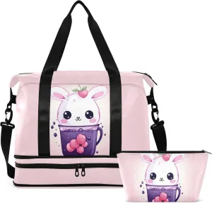 Kawaii Bunny Juice Cup Gym Bag for Women & Men,Duffel Bag with Shoe Pocket,Weekender Overnight Bag with Trolley Sleeve for Travel 21216913