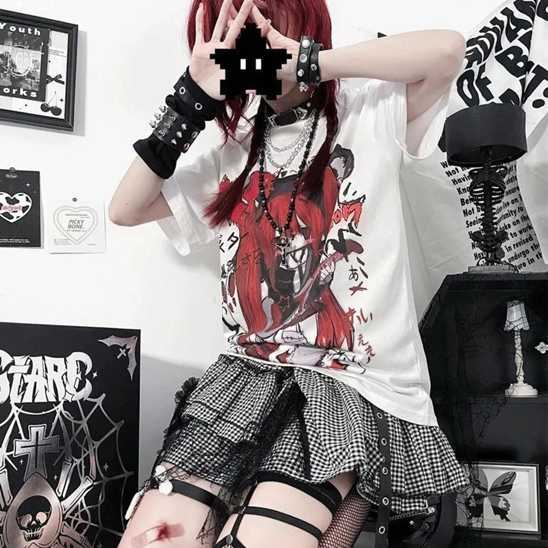 Kawaii Goth Fashion Harajuku Y2K Casual Style Soft Crewneck Cute Cartoon Print Red Hair Guitar Girl T-Shirt