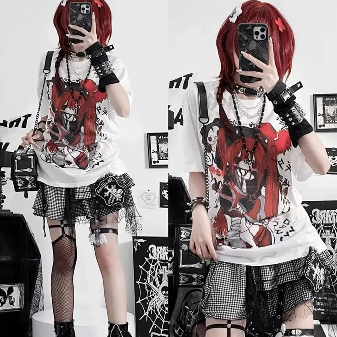 Kawaii Goth Fashion Harajuku Y2K Casual Style Soft Crewneck Cute Cartoon Print Red Hair Guitar Girl T-Shirt