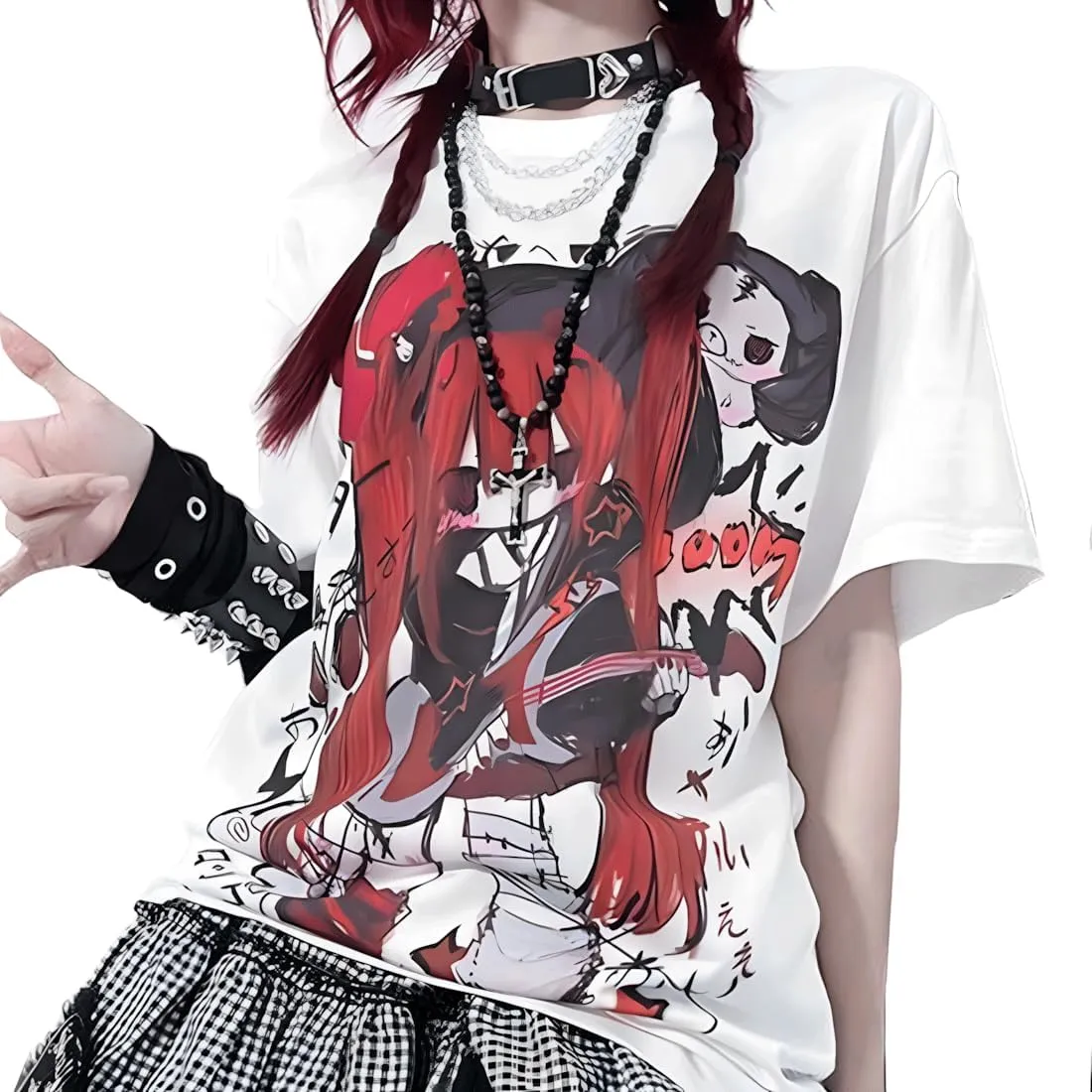 Kawaii Goth Fashion Harajuku Y2K Casual Style Soft Crewneck Cute Cartoon Print Red Hair Guitar Girl T-Shirt