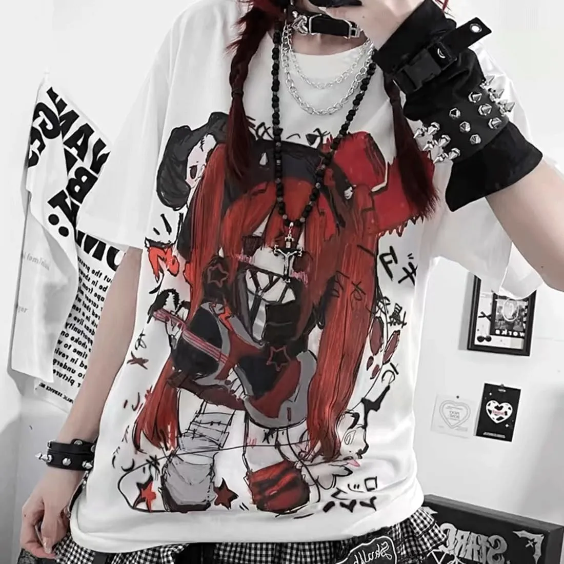 Kawaii Goth Fashion Harajuku Y2K Casual Style Soft Crewneck Cute Cartoon Print Red Hair Guitar Girl T-Shirt