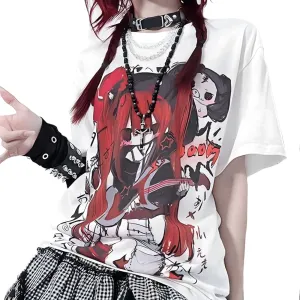 Kawaii Goth Fashion Harajuku Y2K Casual Style Soft Crewneck Cute Cartoon Print Red Hair Guitar Girl T-Shirt