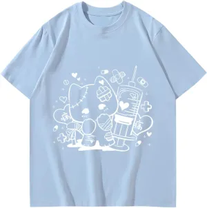 Kawaii Harajuku Fashion Y2K Goth Casual Style Soft Short Sleeve Crewneck Cartoon Print Injured Cat T-Shirt