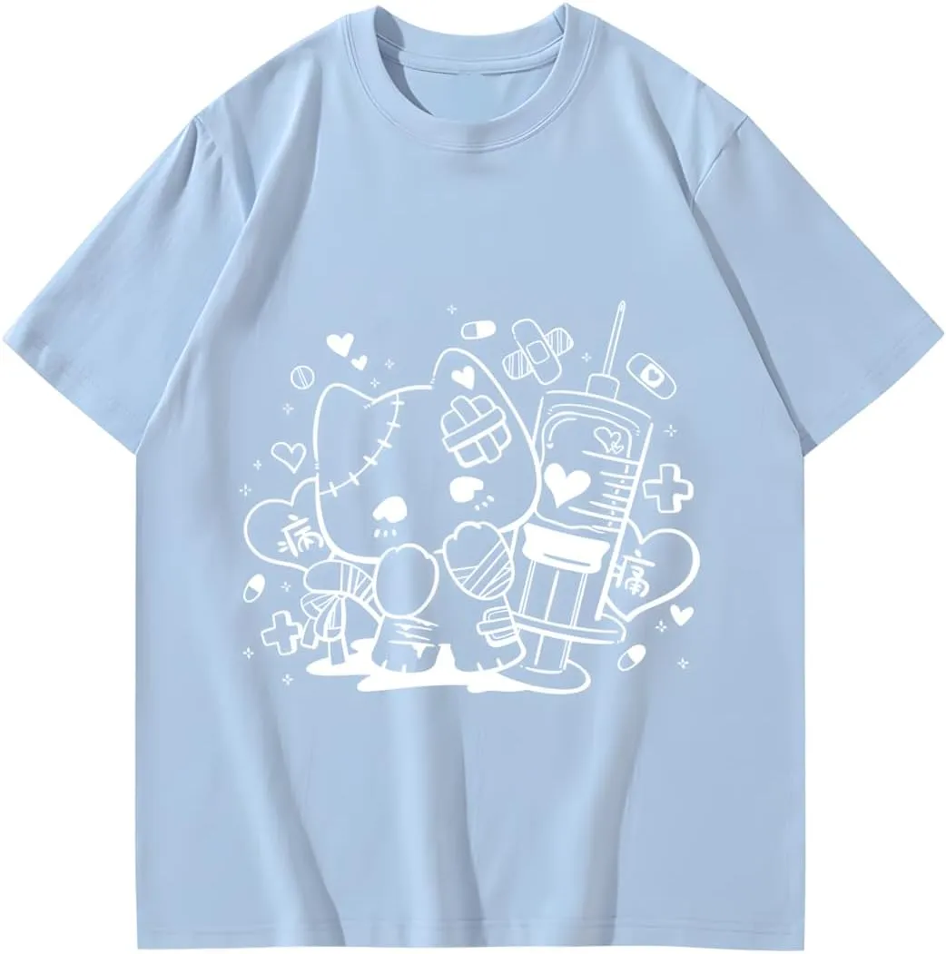 Kawaii Harajuku Fashion Y2K Goth Casual Style Soft Short Sleeve Crewneck Cartoon Print Injured Cat T-Shirt