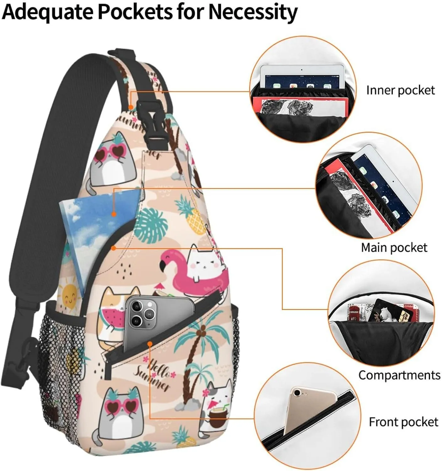 Kawaii Summer Cute Cats Sling Bag for Women Mens Crossbody Backpack Cycling Hiking Daypack Chest Shoulder Bag with Adjustable Strap