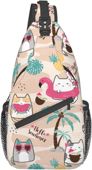 Kawaii Summer Cute Cats Sling Bag for Women Mens Crossbody Backpack Cycling Hiking Daypack Chest Shoulder Bag with Adjustable Strap