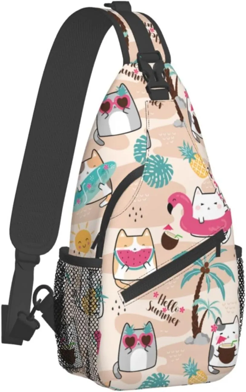 Kawaii Summer Cute Cats Sling Bag for Women Mens Crossbody Backpack Cycling Hiking Daypack Chest Shoulder Bag with Adjustable Strap