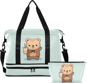 Kawaii Teddy Bear Bubble Tea Gym Bag for Women & Men,Duffel Bag with Shoe Pocket,Weekender Overnight Bag with Trolley Sleeve for Travel 21216908