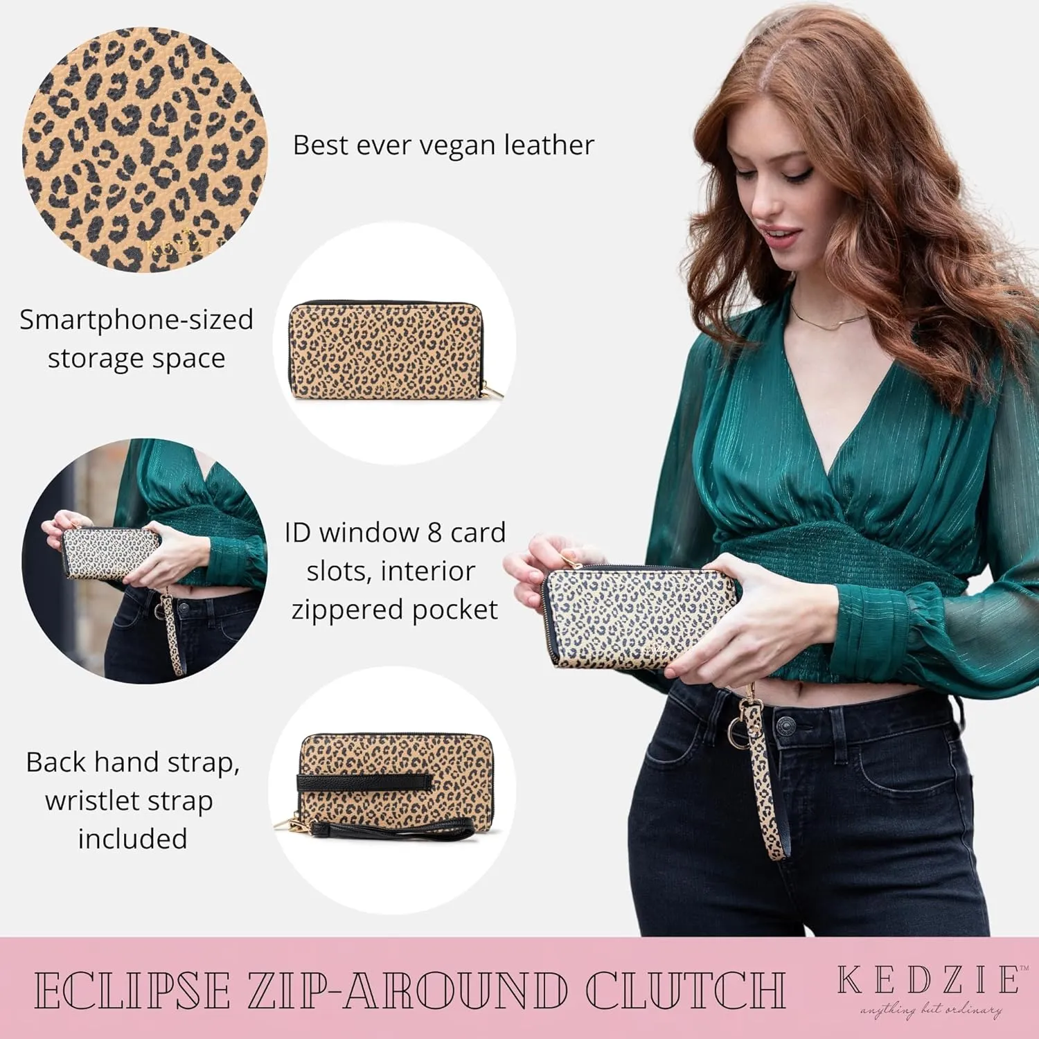 KEDZIE Eclipse Vegan Leather Zip-Around Clutch Wallet Credit Card Holder Phone Wristlet for Women