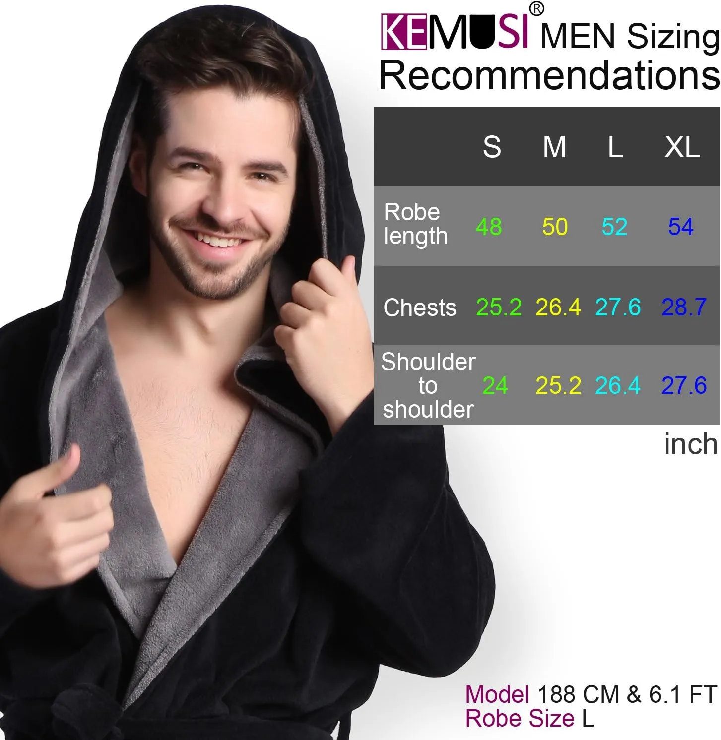 KEMUSI Hooded Herringbone Men's Soft Spa Full Lenght Bathrobe,Comfy Full Length Warm Nightdress