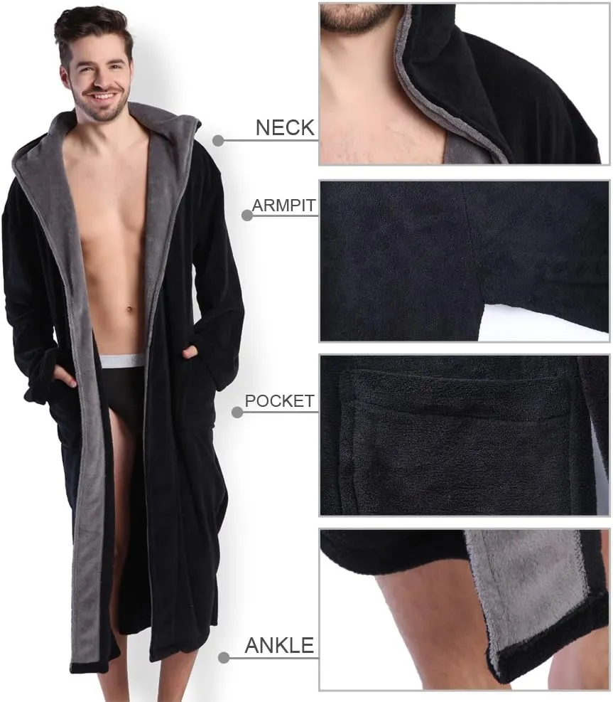 KEMUSI Hooded Herringbone Men's Soft Spa Full Lenght Bathrobe,Comfy Full Length Warm Nightdress