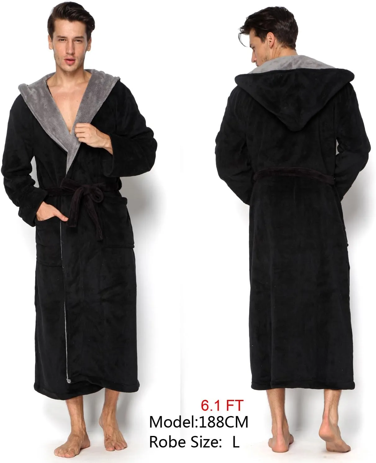 KEMUSI Hooded Herringbone Men's Soft Spa Full Lenght Bathrobe,Comfy Full Length Warm Nightdress