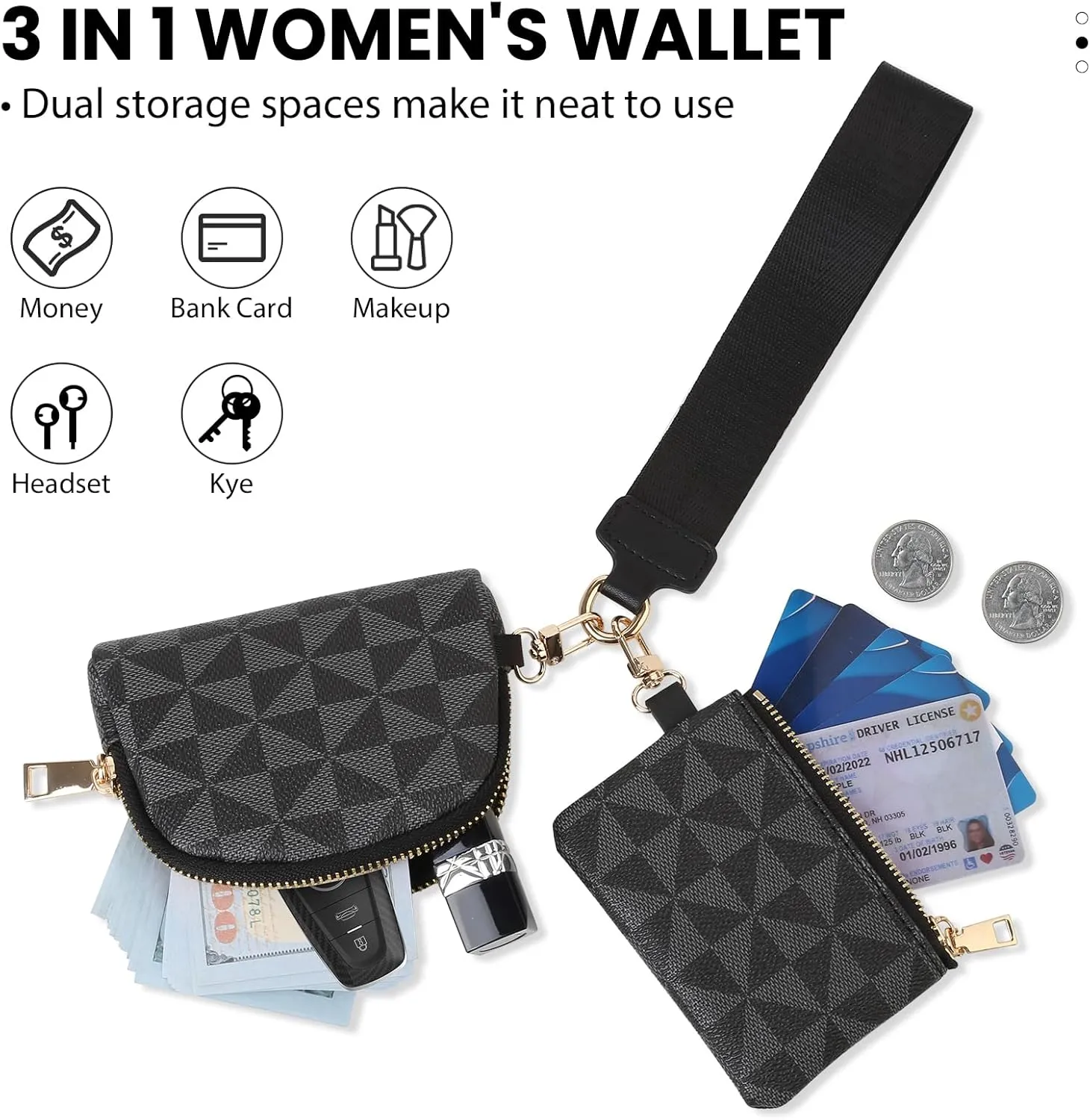 Keychain Wristlet Wallets for Women Leather Coin Purse Dual Pouch Wristlet Credit Card Holder Clutch Purse Wallets Womens Small wristlet wallets