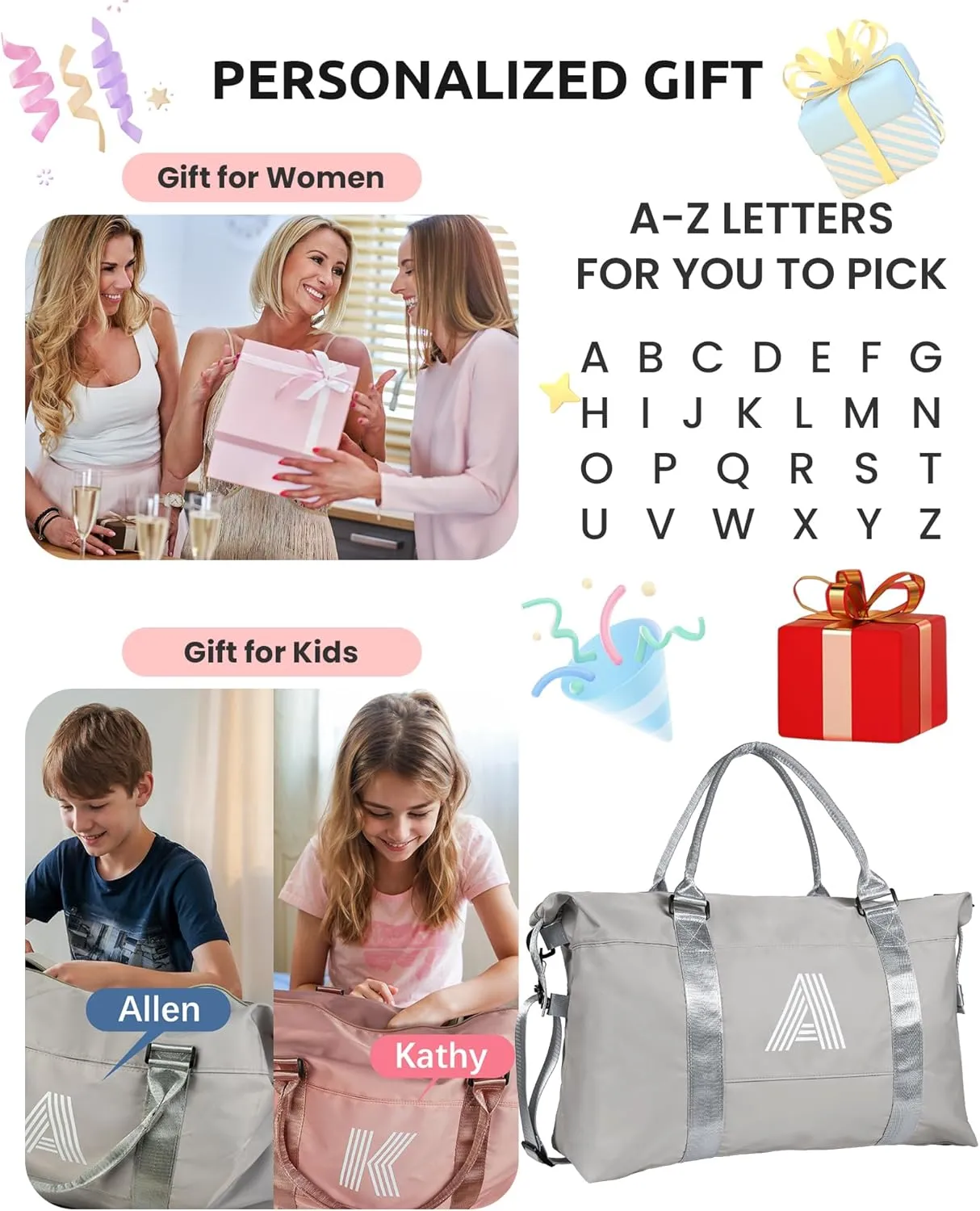 Kids Gifts, Initial Travel Duffel Bag, Sports Bag, Personalized Weekender Bag with Shoulder Strap, Monogram Overnight Bag, Gift for Friend Sister Girl Gifts (Letter S)