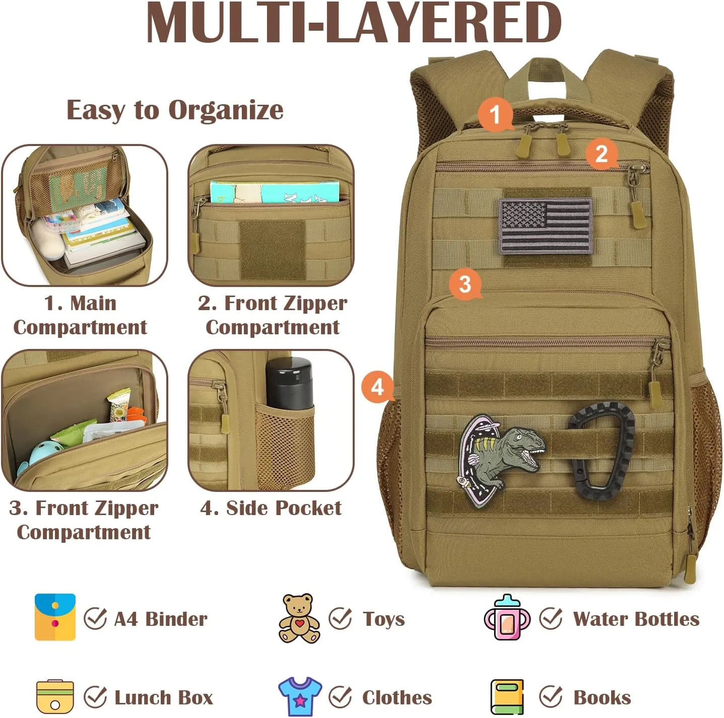 Kids Tactical Backpack Army Molle Bookbag Military Boys Backpack for School, Outdoor, Camping, Brown