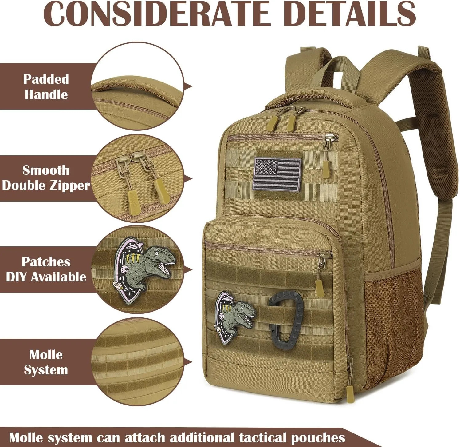 Kids Tactical Backpack Army Molle Bookbag Military Boys Backpack for School, Outdoor, Camping, Brown