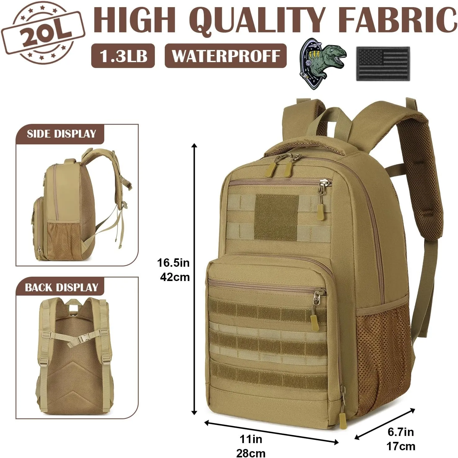 Kids Tactical Backpack Army Molle Bookbag Military Boys Backpack for School, Outdoor, Camping, Brown
