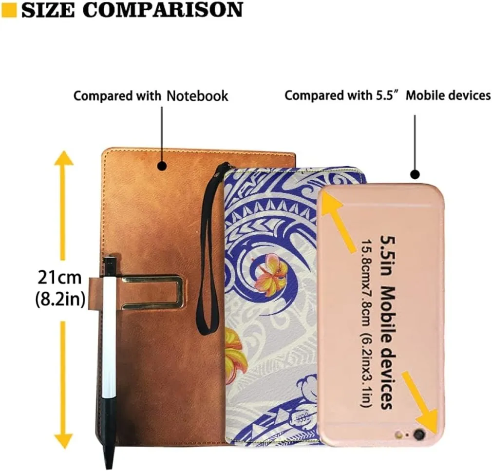 KIDVOVOU Women's Wristlet Wallets Clutch Purses Polynesian Print Zipper PU Leather RFID Blocking Handbag,Blue Polynesian Hibiscus,OneSize